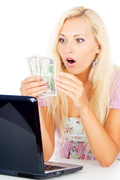 Beautiful girl surprised money — Stock Photo, Image