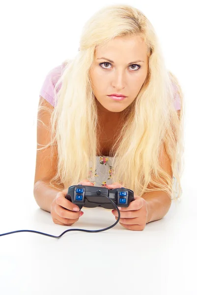 Girl with a joystick — Stock Photo, Image