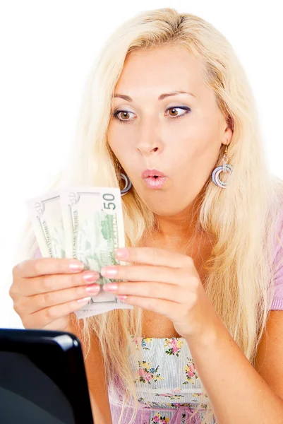 Girl wonders money — Stock Photo, Image