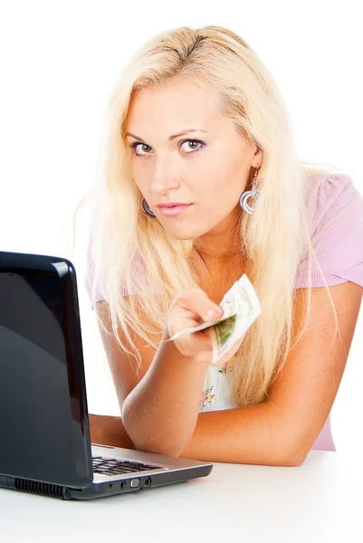 Happy girl holding money — Stock Photo, Image