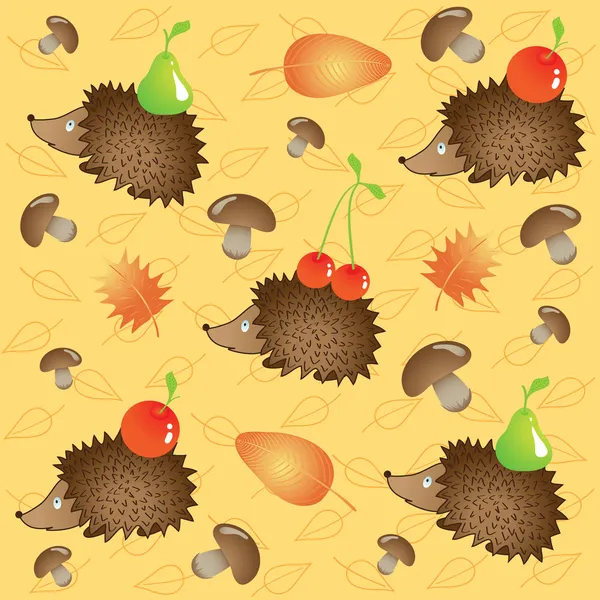 Autumn background hedgehogs collect food — Stock Vector