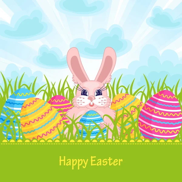 Velikonoční přání s velikonočním zajíčkem a vejci — Stockový vektor