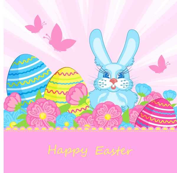 Card with blue bunnies and Easter eggs — Stock Vector