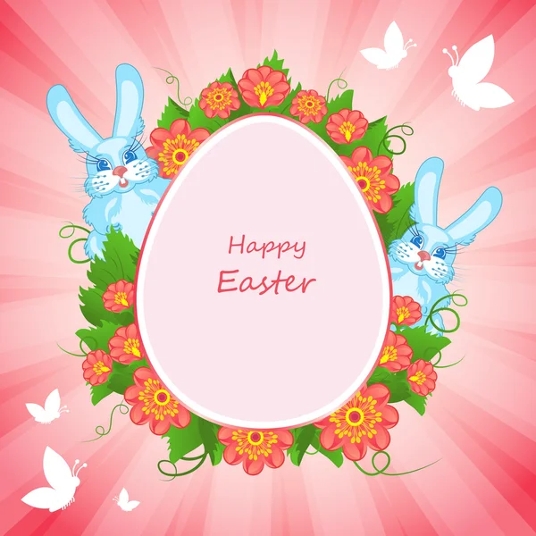 Happy Easter card with rabbits and flowers — Stock Vector