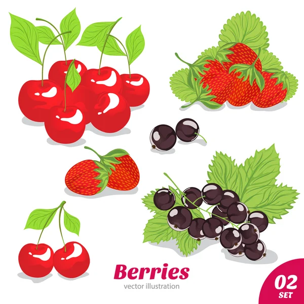 Állítsa be a bogyós gyümölcsök, eper, meggy, fekete ribizli — Stock Vector