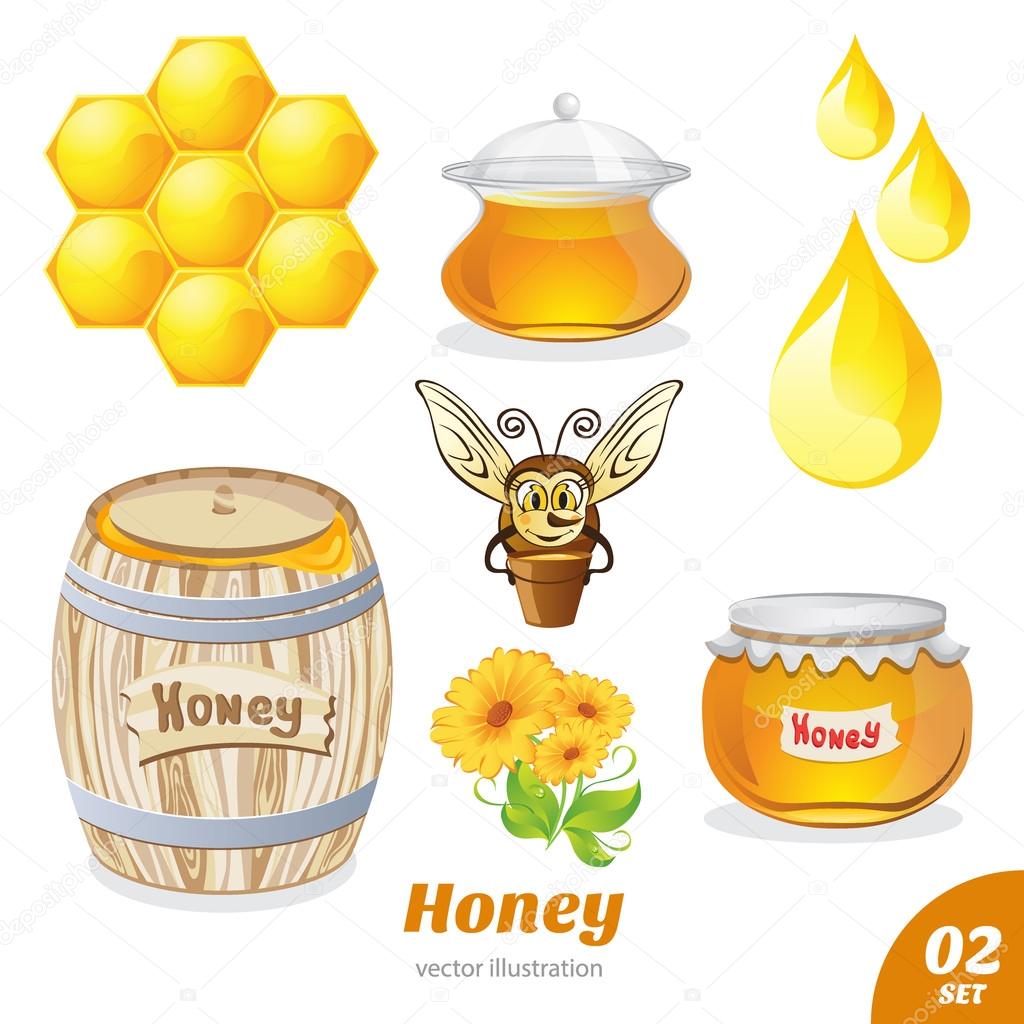 Set of honey, honeycomb, bee, a barrel of honey