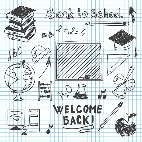 Frihandsteckning tillbaka till skolan i en anteckningsbok — Stock vektor