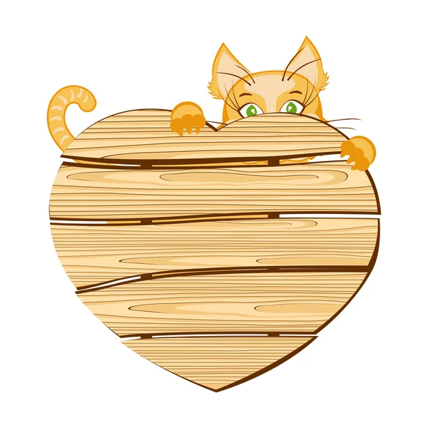 Gatto con cartello in legno a forma di cuore — Vettoriale Stock