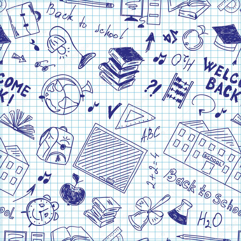 Seamless pattern of school supplies in notebook