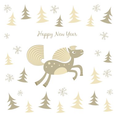 Yeni yıl kartı ile çalışan bir at