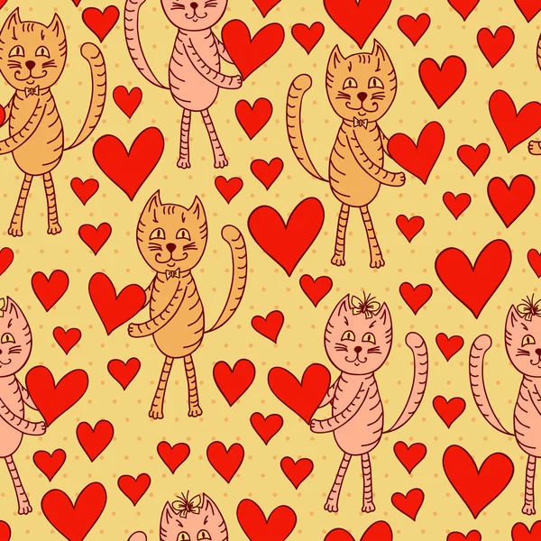 Chats mignons avec des coeurs motif sans couture — Image vectorielle