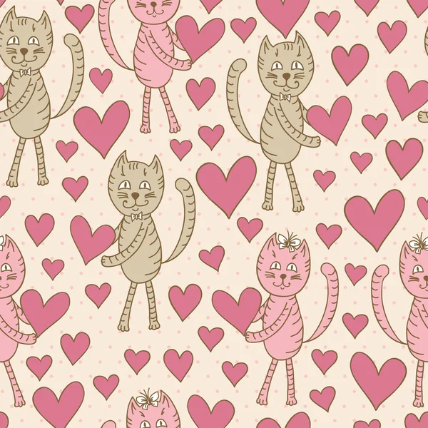 Katter med hjärtan seamless mönster — Stock vektor