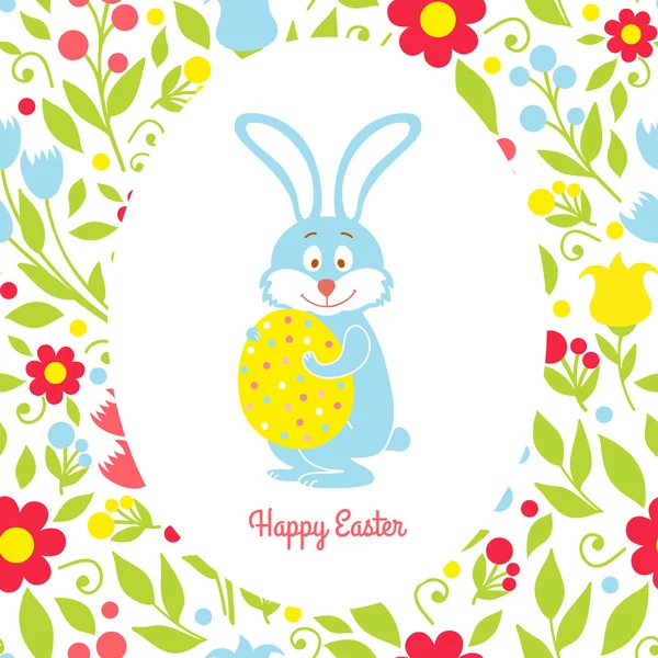 Easter bunny card with eggs and flowers — Stock Vector