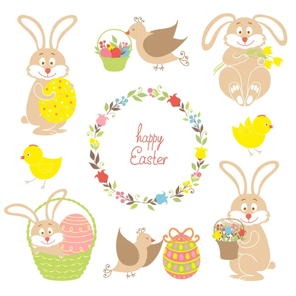 Set for Easter, Easter bunnies, flowers, birds — Stock Vector