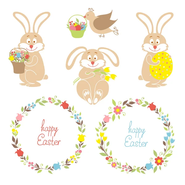 Set for Easter, Easter bunnies, flowers, birds — Stock Vector