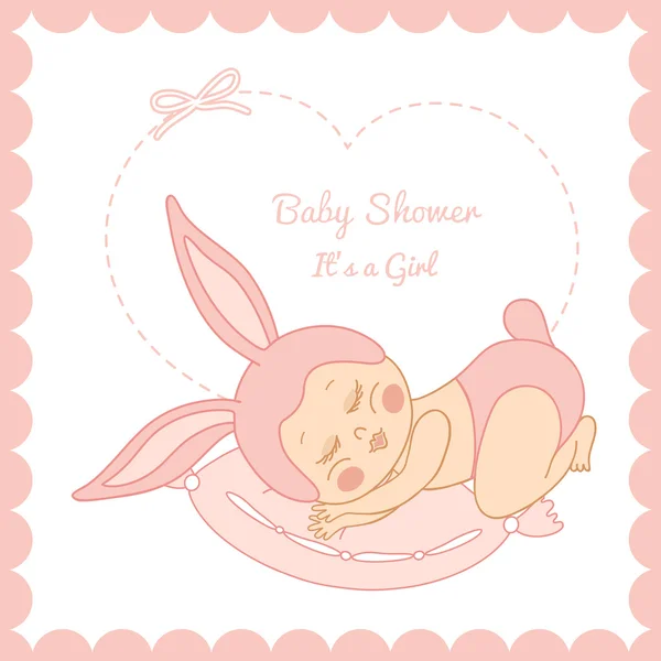 Card with the birth of a child girl in bunny costume — Stock Vector