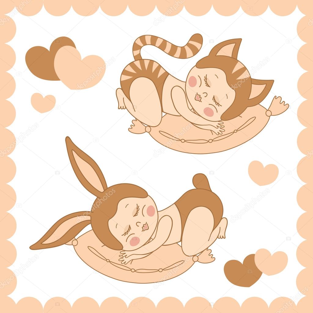 Small sleeping children in costumes bunny and cat