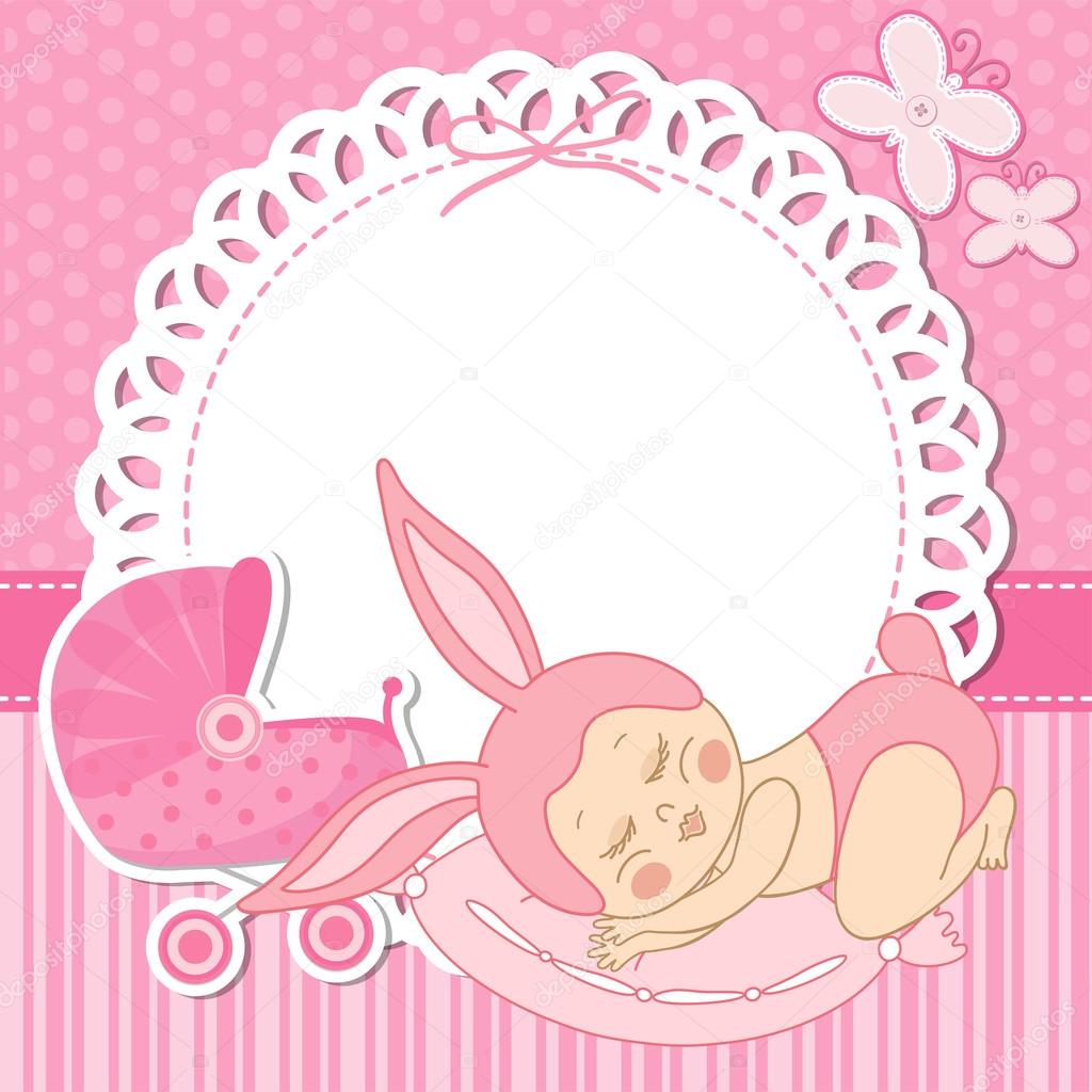 Card with the birth of a child girl in bunny costume