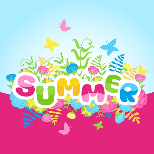 Inscripción de verano de letras de colores con flores — Vector de stock