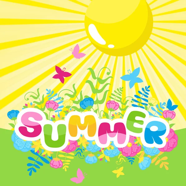 Inscripción de verano de letras de colores con el sol — Vector de stock