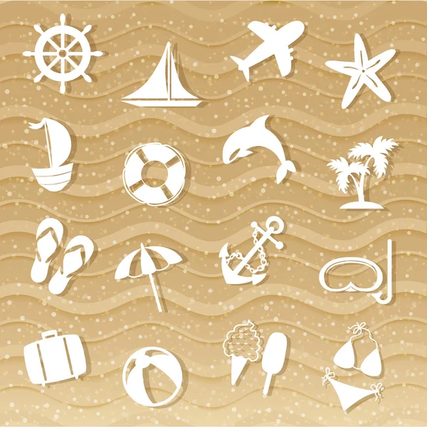 Playa con iconos del mar, arena ondulada — Vector de stock