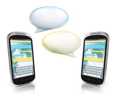 Messaging, texting, chatting 3d concept - two cell phones with speech bubbles