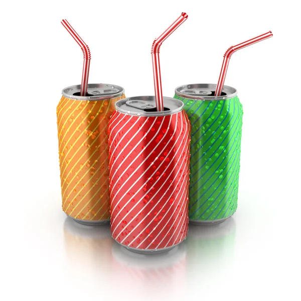 Colorful aluminum cans with straws — Stock Photo, Image