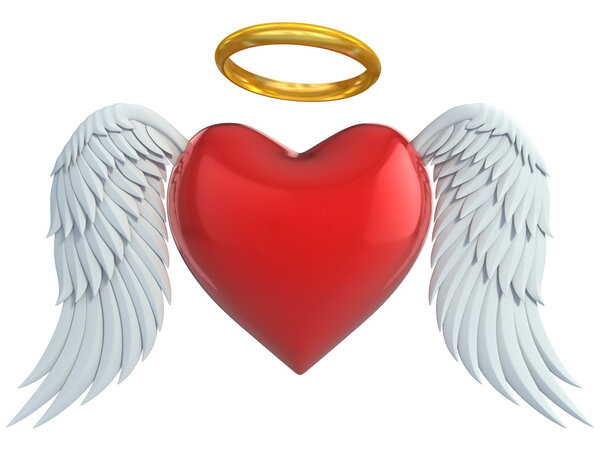 Сердце ангела с крыльями и золотым ореолом 3d иллюстрации
