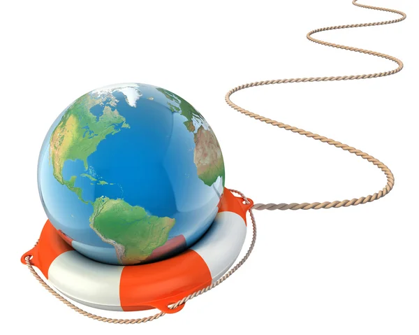 Rettet die Erde 3D-Konzept - Globus mit Rettungsring isoliert — Stockfoto