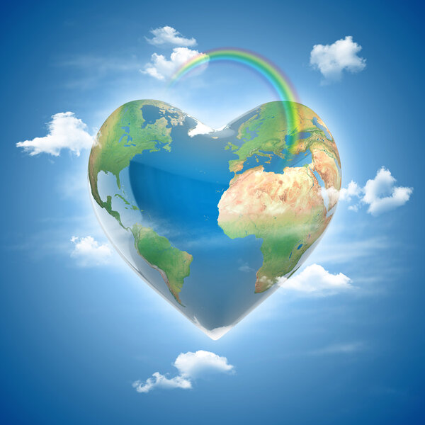 Love planet 3d concept - heart shaped earth surrounded with clouds and rainbow
