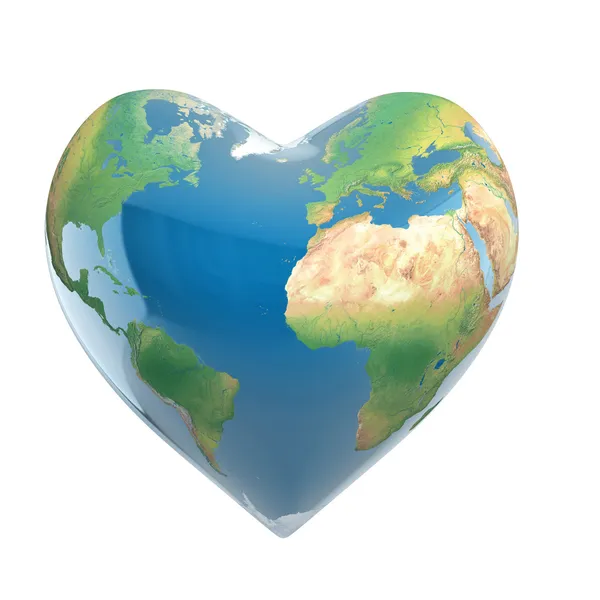 Love planet 3d concept - heart shaped earth isolated on white — Stock Photo, Image