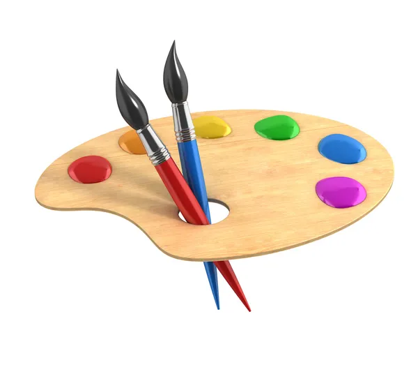 Tavolozza d'arte in legno con vernici e pennelli — Foto Stock