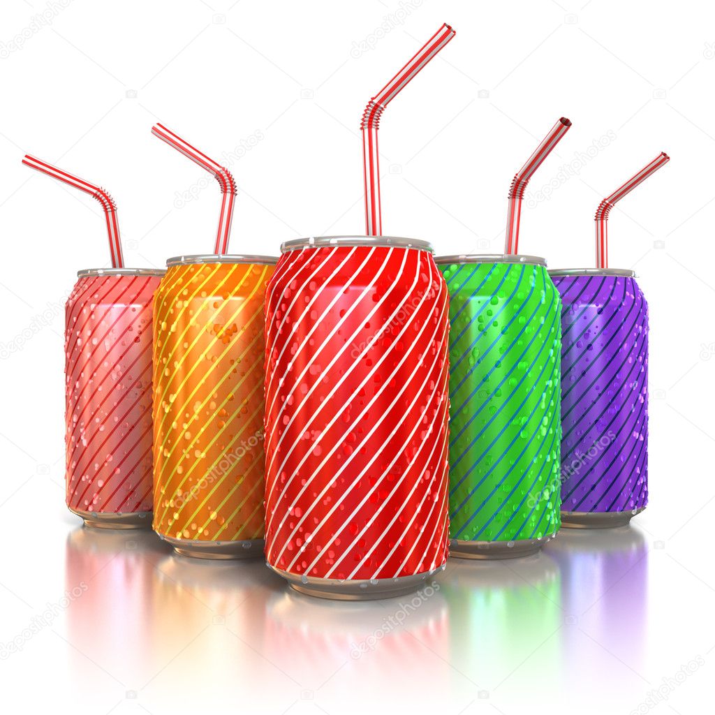 Colorful aluminum cans with straws
