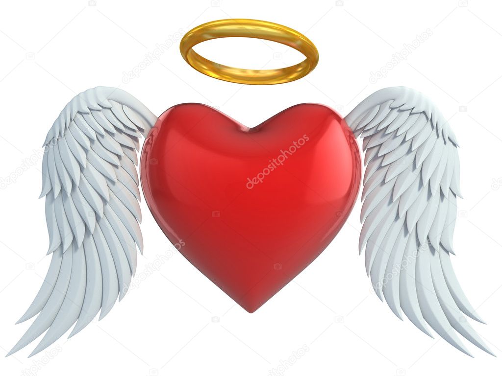 Angel heart with wings and golden halo 3d illustration