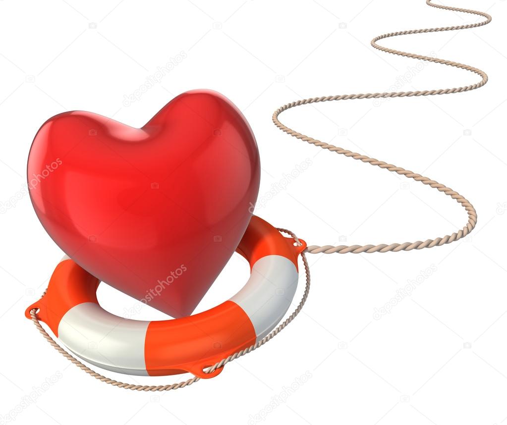 Saving love marriage relationship 3d concept - heart on lifebuoy