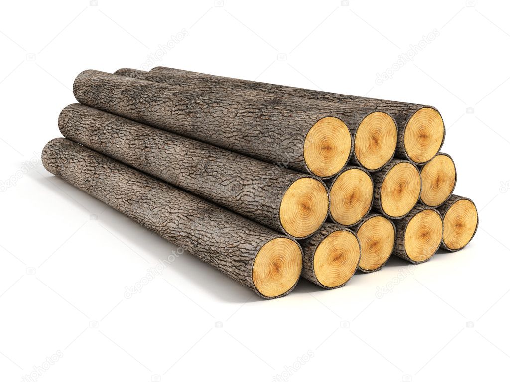 Stack of wood logs on white background