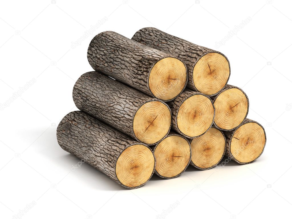 Stack of firewood logs on white background