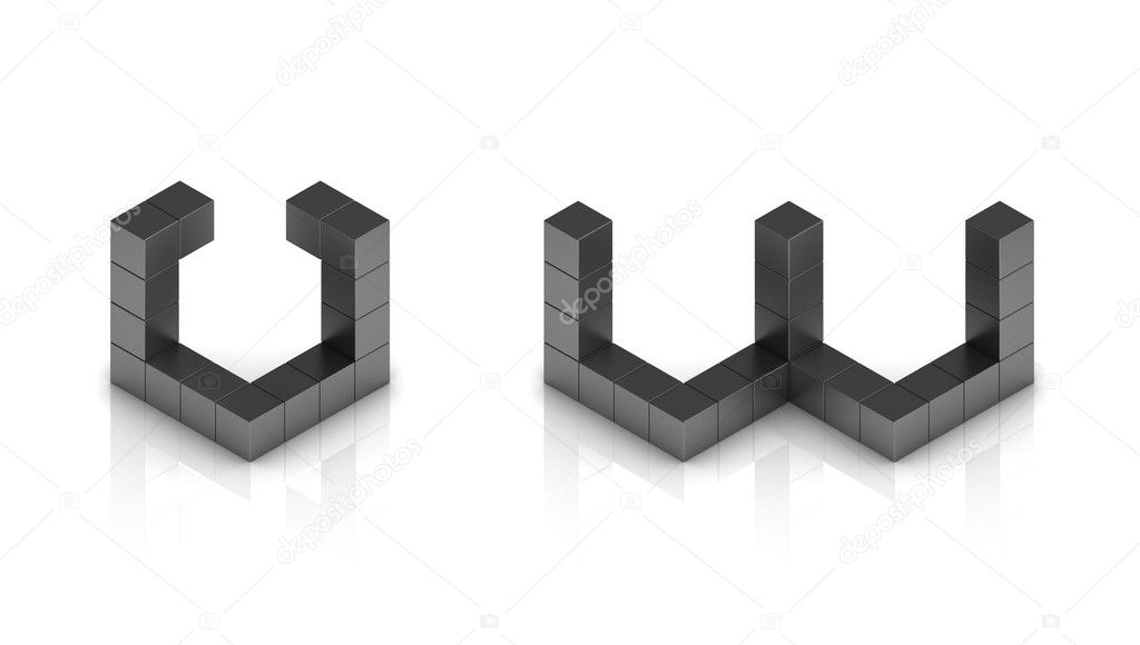 Cubical 3d font letters v w