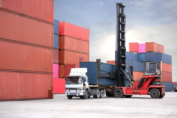 Forklift unloading container boxes loading for import-export logistics and industry concept background transportation industry background