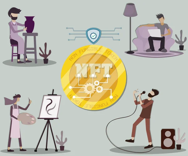 Dijital teknolojinin düz tasarımı, birçok insan çalışmalarını yaratır ve onları NFT 'ye, kripto para birimine, vektör illüstrasyonuna dönüştürür.