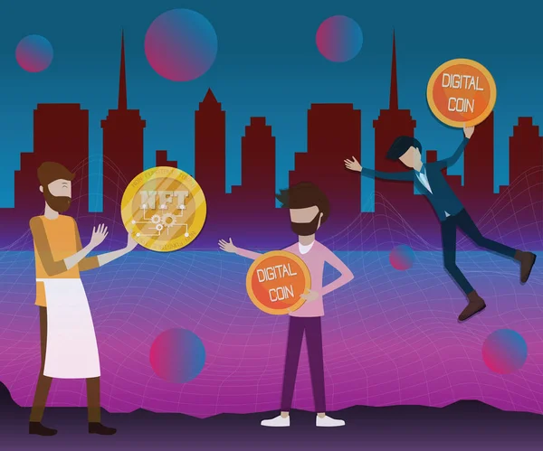 Dijital teknolojinin düz tasarımı, Sanal dünyada NTF 'sini satan sanatçı, dijital varlık konsepti - vektör illüstrasyonu