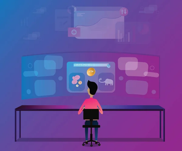 Dijital teknolojinin düz tasarımı, NTF, kripto para birimi ve Blockchain-vektör ilüstrasyonunu yaratmak ve satmak için bilgisayarın önünde oturan bir adam.