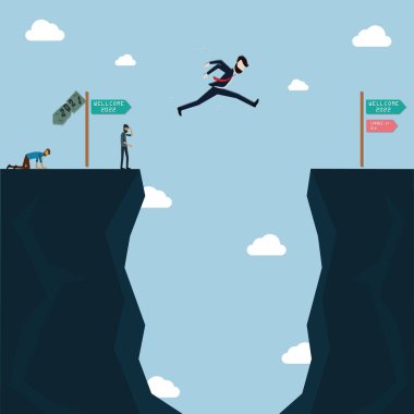 İş konseptinin düz tasarımı, vadinin üzerinden atlayan iş adamı, adaptasyon konsepti - vektör illüstrasyonu