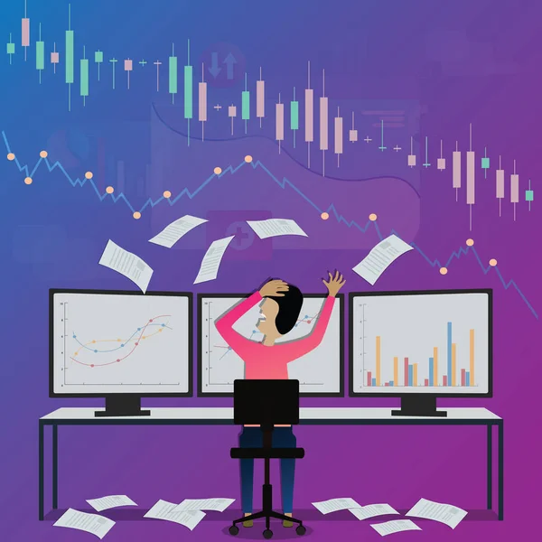 İşletme finansmanı, adam bilgisayar ekranının önünde oturmuş öfke ifadesini gösteriyor, borsa.