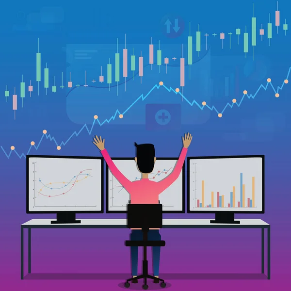 İşletme finansmanı, adam bilgisayar ekranlarının önünde oturmuş borsada mutlu bir ifade sergiliyor.