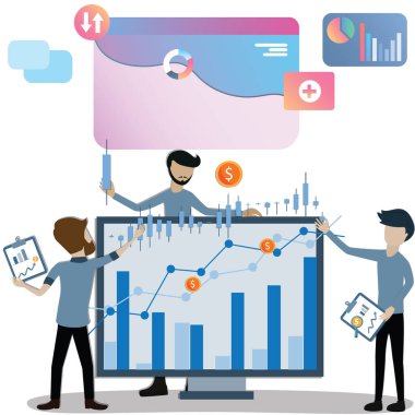 Ticari finans dairesi, tüccarlar bir ticaret grafiği izliyor, borsa simsarı konsepti, vektör.