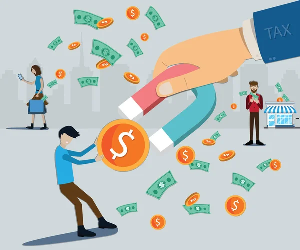 İşletme finansmanının düz tasarımı, mıknatıs kullanan büyük el insanlardan para çekmek, hükümet konseptinin vergilendirilmesi - vektör illüstrasyonu