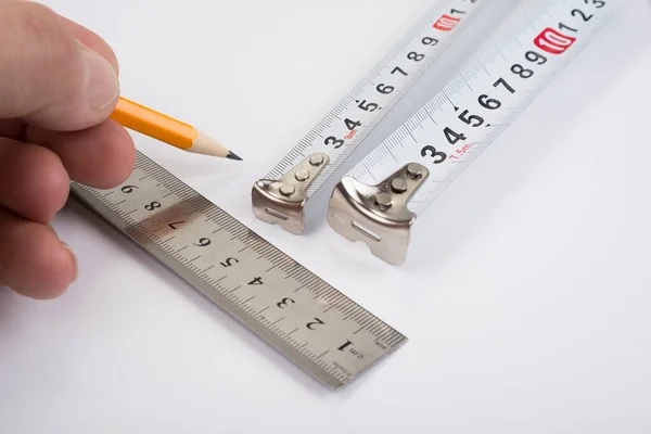 Steel Ruler Tape Meter Wood Pencil White — Stock Photo, Image