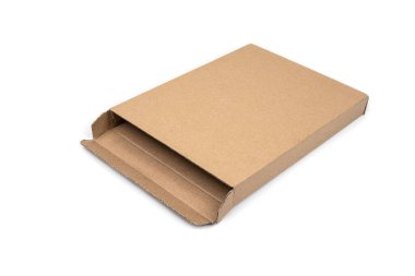 Very narrow cardboard box on a white
