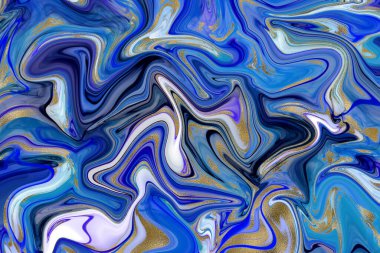 Blue marble and gold abstract background texture. Indigo ocean blue marbling with natural luxury style swirls of marble and gold powder.